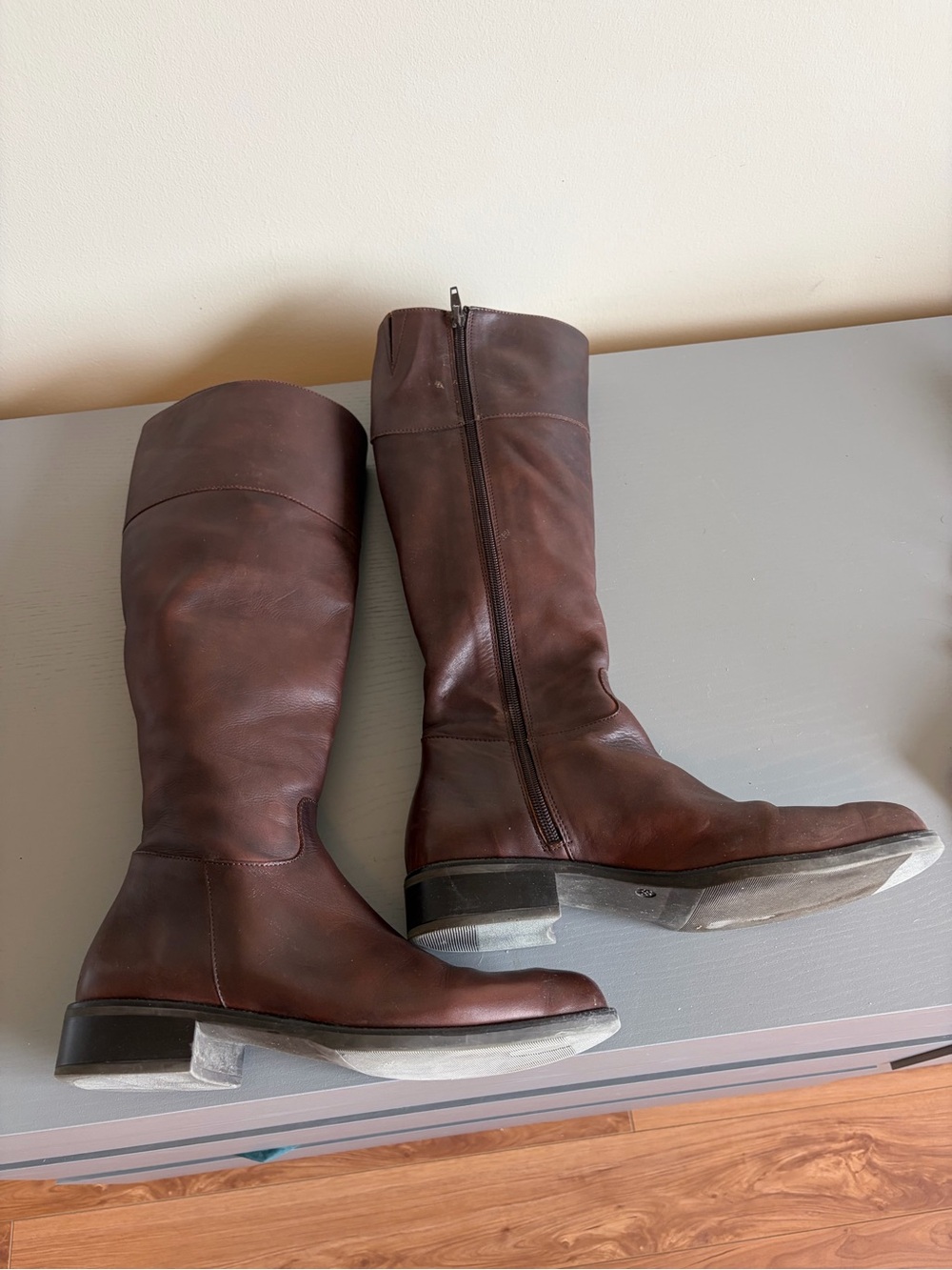 Women's Over-the-Knee Brown Leather Riding Boots with Inside Zip